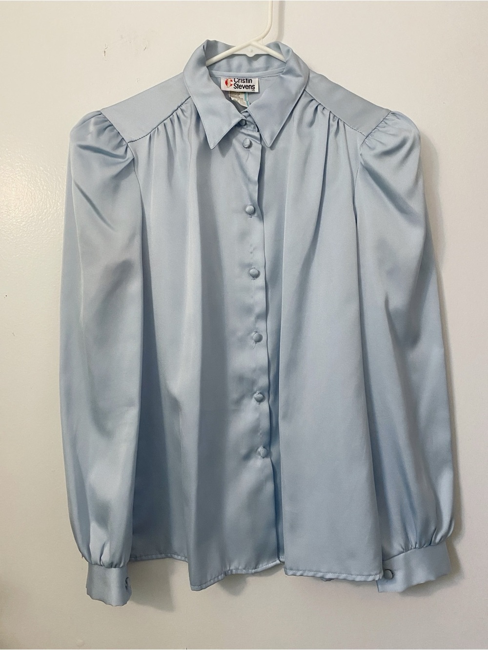 Vintage Light Blue Satin Button-Up Blouse